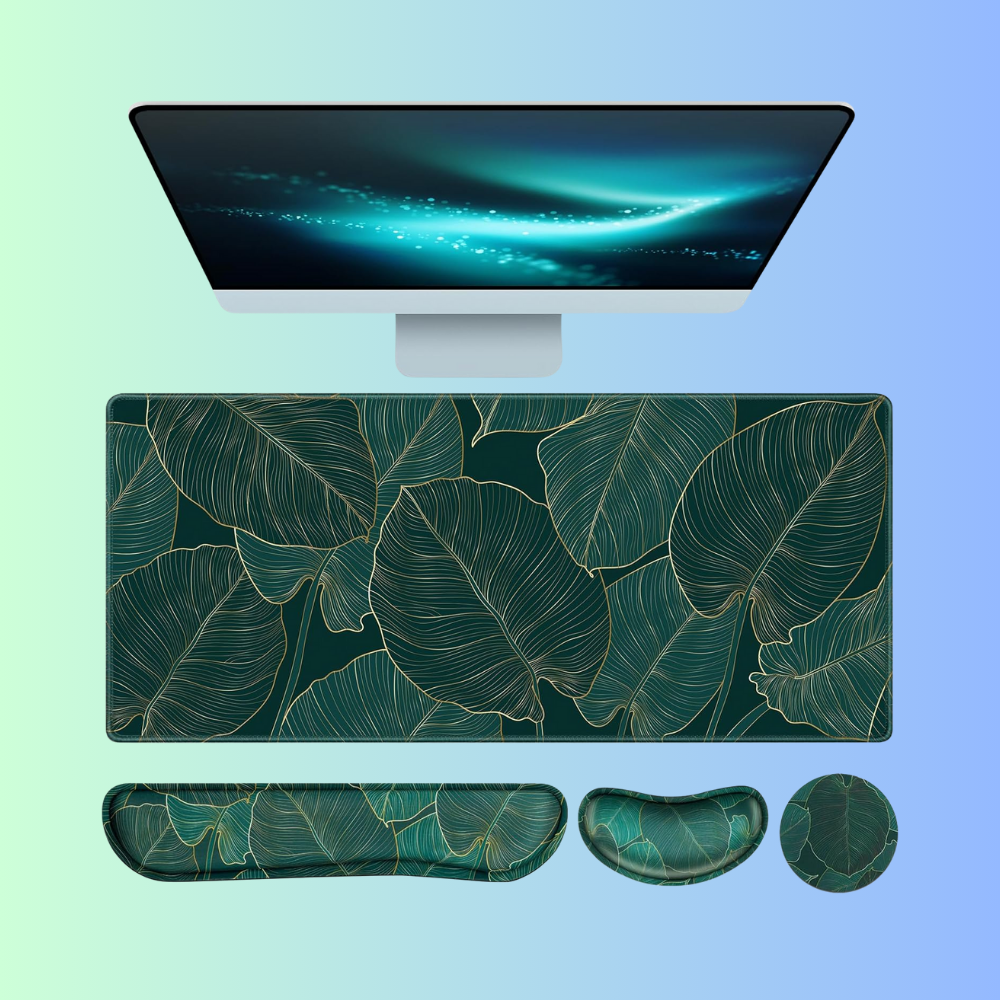 HOL-ISM | Golden Green Palm Leaves Aesthetic Gaming Desk Mat Set