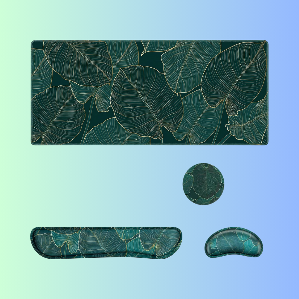 HOL-ISM | Golden Green Palm Leaves Aesthetic Gaming Desk Mat Set