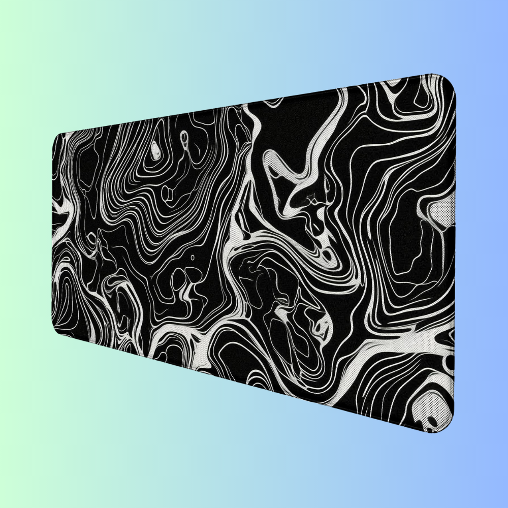 DYNAM-ISM | Topographic Dark Contour Black White Aesthetic Gaming Desk Mat