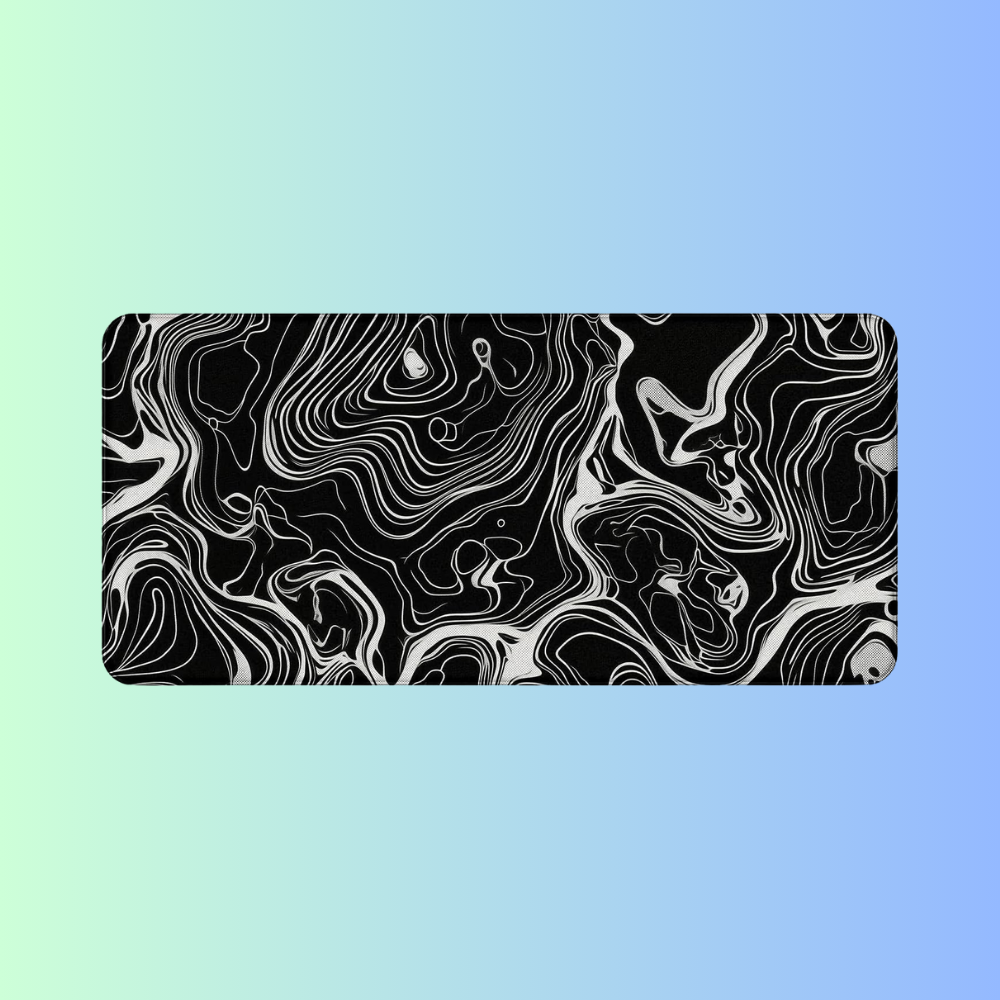 DYNAM-ISM | Topographic Dark Contour Black White Aesthetic Gaming Desk Mat