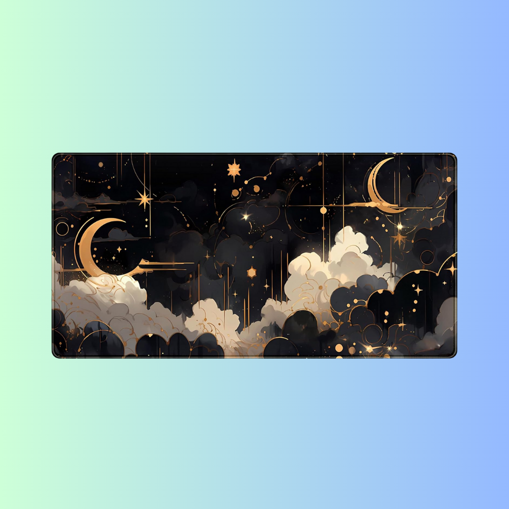 AESTHET-ISM | Black Gold Celestial Moon Star Nebula Aesthetic Gaming Desk Mat