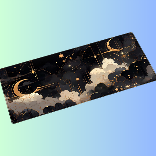 AESTHET-ISM | Black Gold Celestial Moon Star Nebula Aesthetic Gaming Desk Mat
