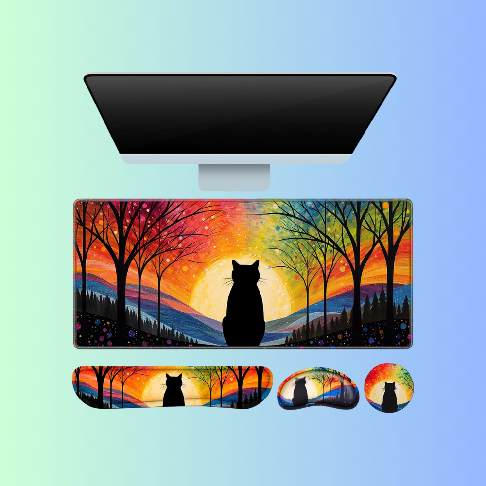 HOL-ISM | Black Cat Sunset Forest Aesthetic Gaming Desk Mat Set