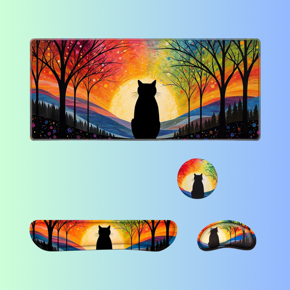 HOL-ISM | Black Cat Sunset Forest Aesthetic Gaming Desk Mat Set